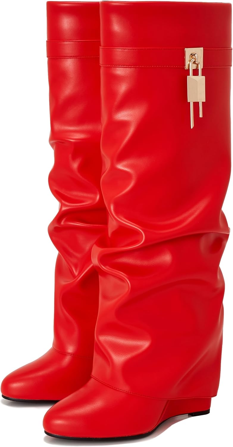 Fold Over Boots for Women with Pointy Pull-on Wedge Heel Design