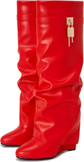 Fold Over Boots for Women Pointy Pull-on Wedge Heel Knee - Side Zipper