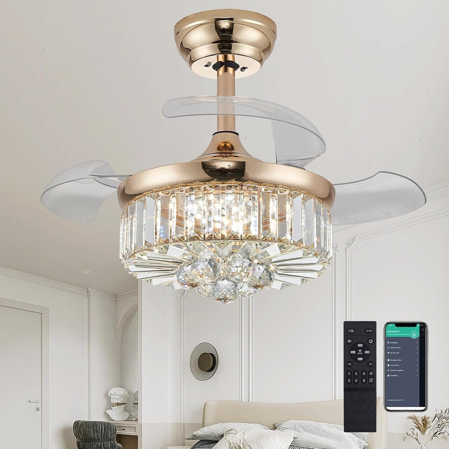 30 Golden Chandelier Ceiling Fan with Light and Remote Control