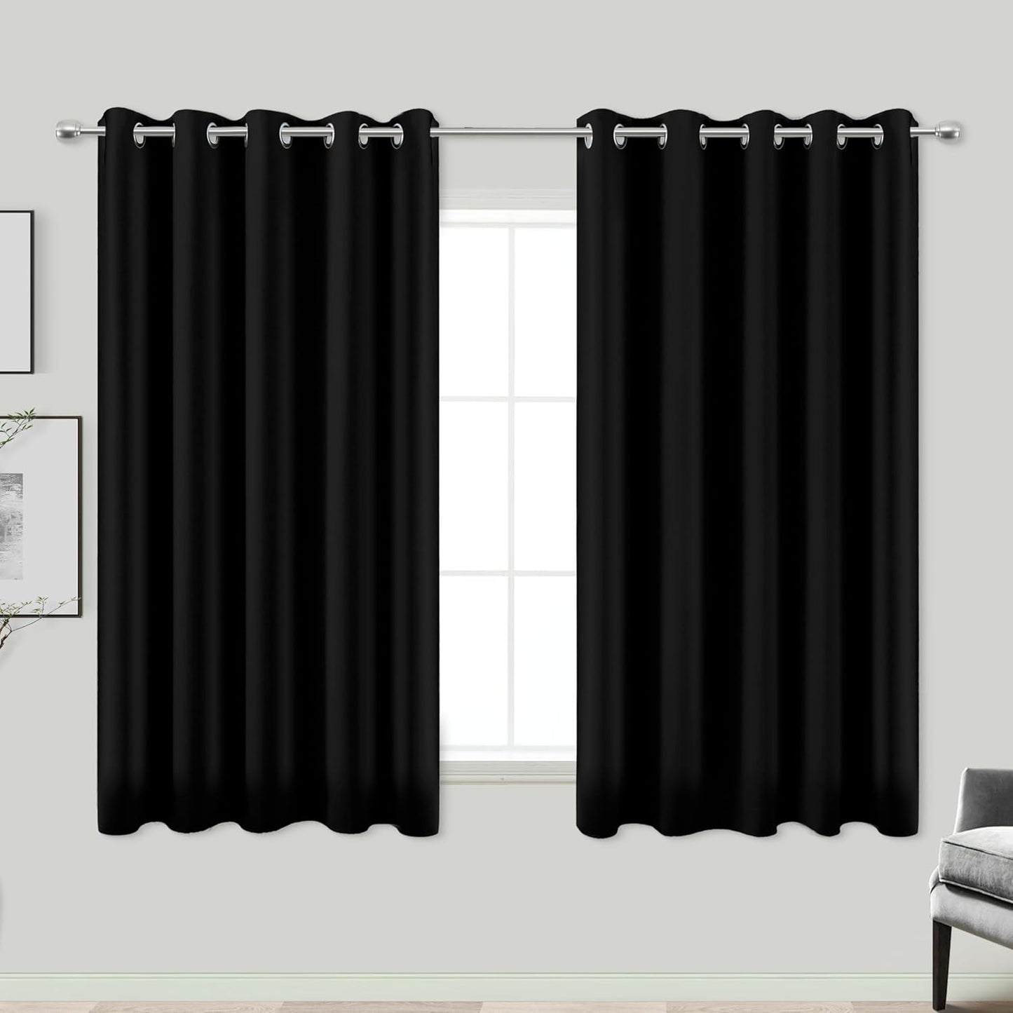 KOUFALL 72x54 Inch Black Room Darkening Grommet Curtains Set