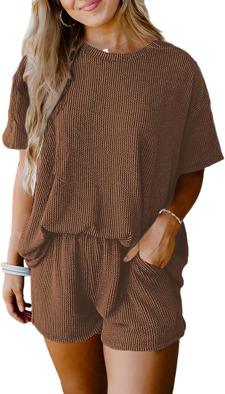 SHEWIN Two Piece Set for Women Short Sleeve Shirts and Shorts