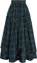 Women's Plaid Tiered A-Line Long Skirt with Pockets - Boho Fit