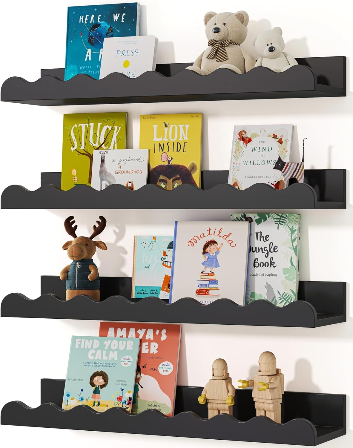 Kids' Bookshelf Set of 4 - Black Floating Nursery Shelves