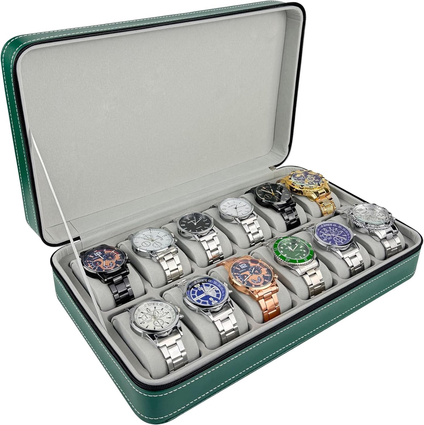12-Slot Travel Watch Case for Safe Storage - Green
