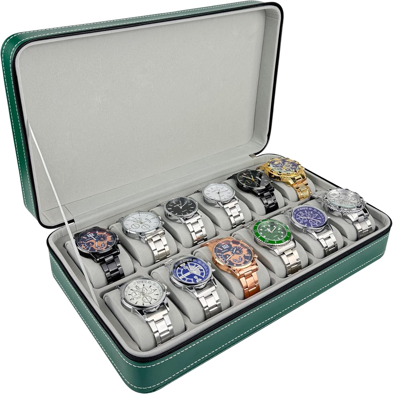 12-Slot Travel Watch Case for Safe Storage - Green