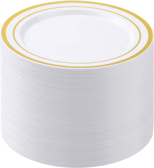 100ct Heavy Duty White & Gold Rim Plates, Disposable for Parties