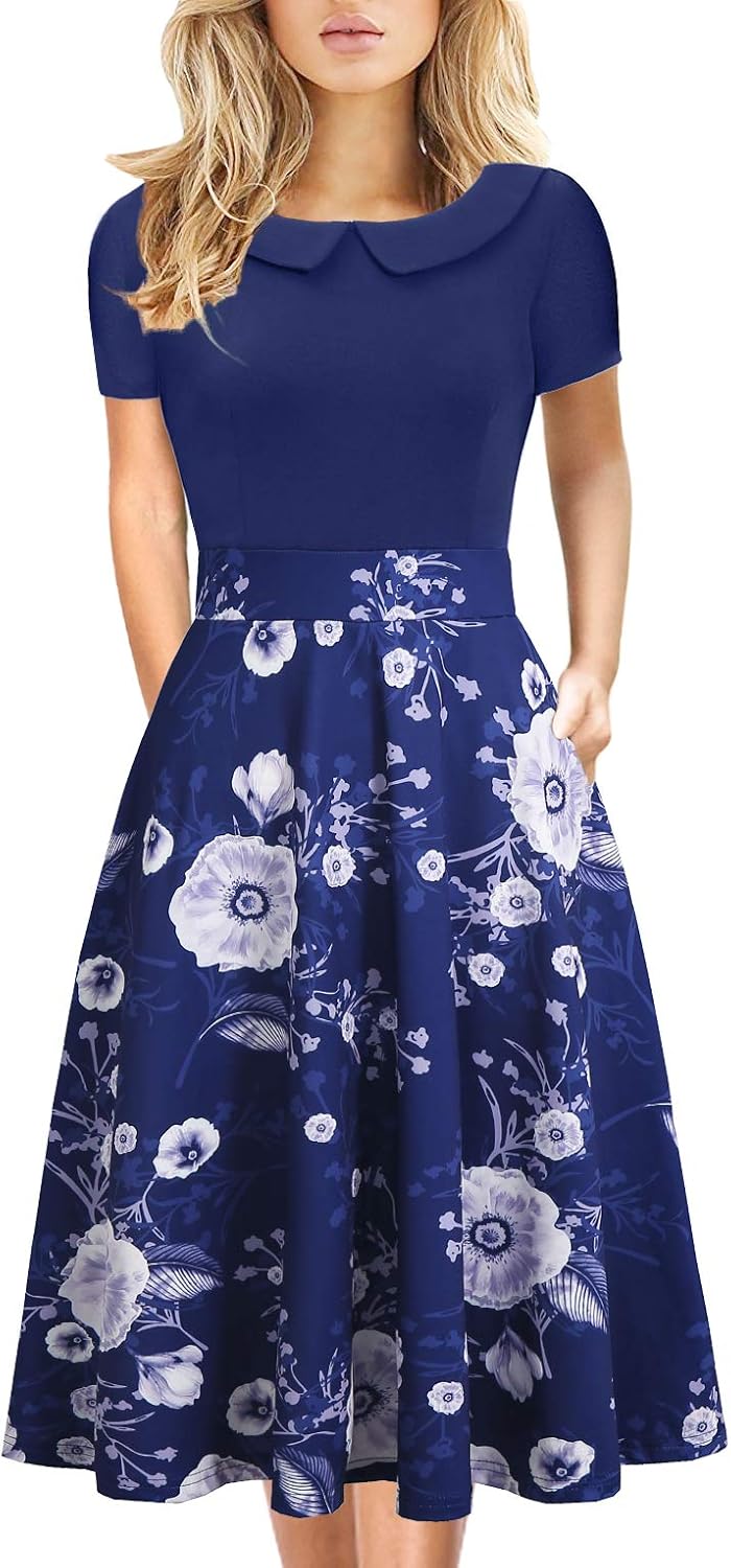 Elegant Vintage Floral Print Knee Length Dress with Pockets