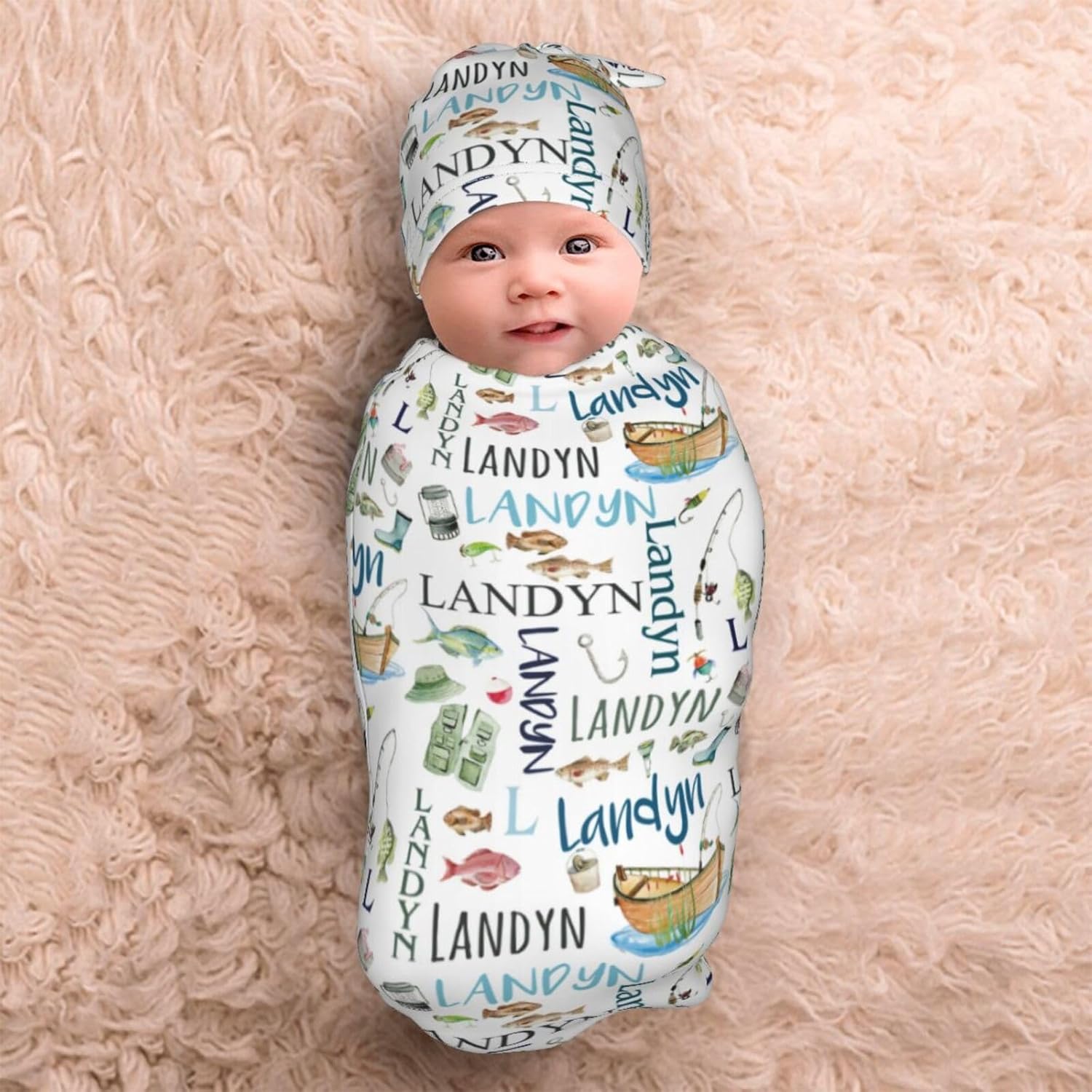 Custom Fishing Baby Swaddle Set - Personalized Name Bliss