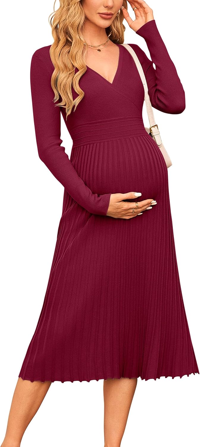 OUGES Women's Fall Maternity Midi Dress for Stylish Comfort