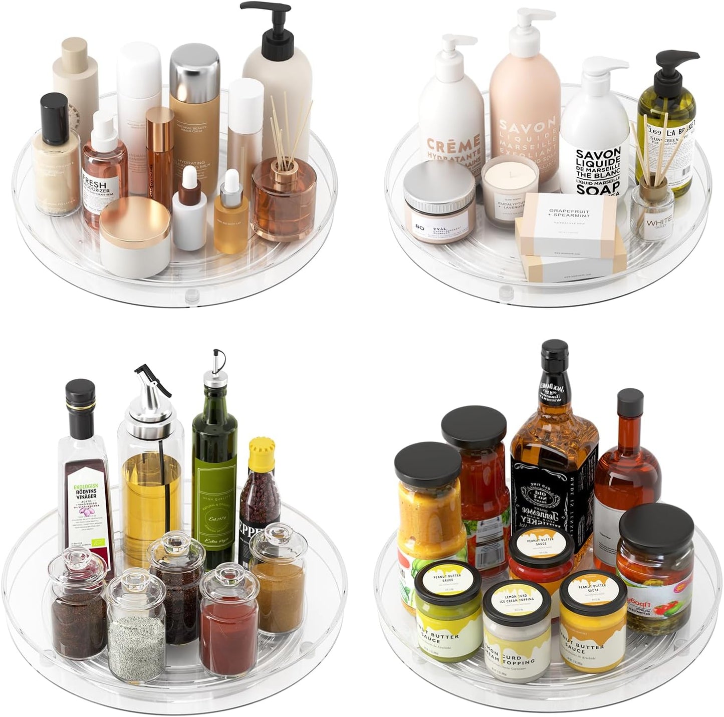 4 Pack Clear Lazy Susan Organizer for Kitchen and Bathroom Use