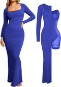 Women's Long Sleeve Maxi Dress with Built-In Shapewear - Square Neck