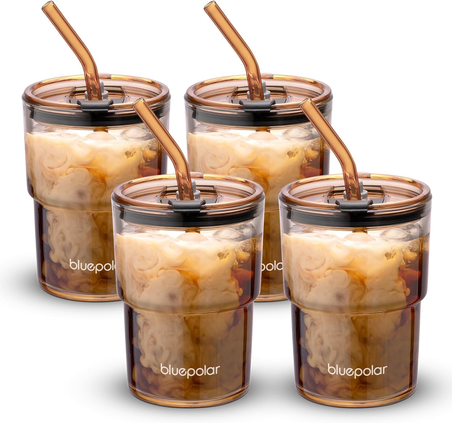 BLUEPOLAR 13oz Glass Water Tumbler with Straw and Lid - 4 Pack