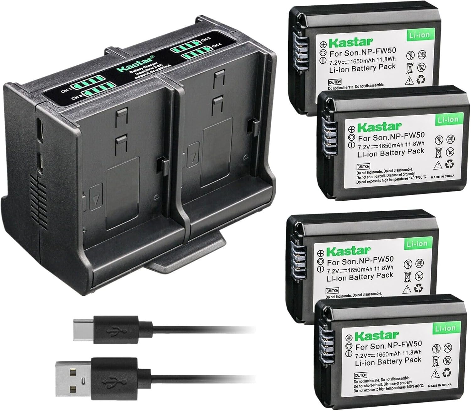 Kastar 4-Pack Battery and Quadruple Charger for Sony NP-FW50