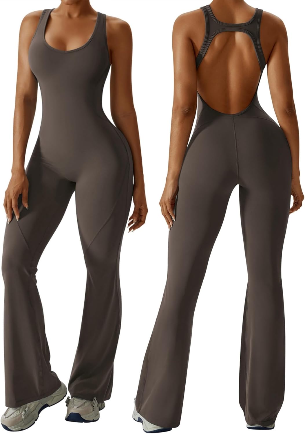 OEAK Womens Flare Jumpsuit with Bra Tummy Control Cutout