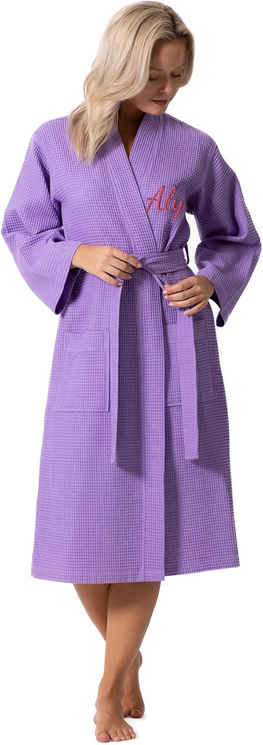 Turkish Linen Waffle Knit Lightweight Kimono Spa Robe for Women
