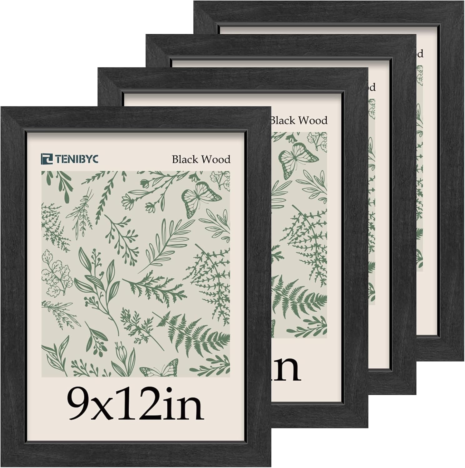 9x12 Frame Set of 4, Textured Black Wood for Home Decor