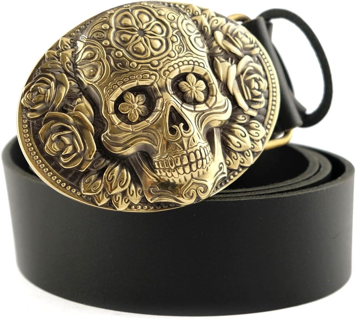Leather Belt with Skull El Dia de Muertos Buckle for Style