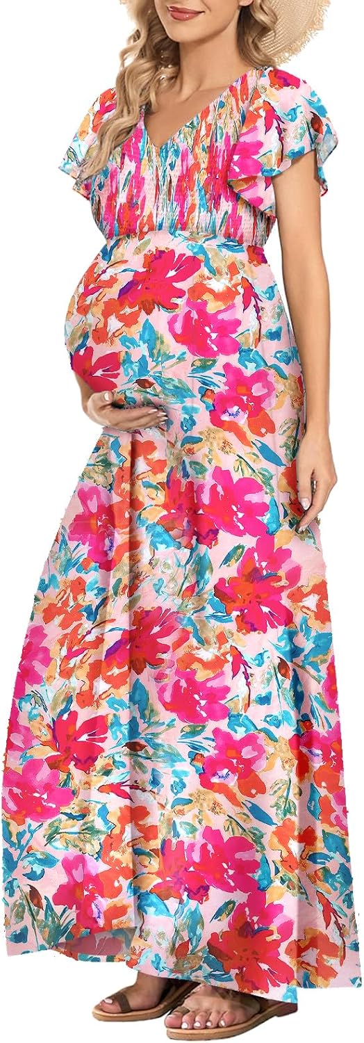 Floral Print V Neck Maternity Dress for Baby Shower Photoshoot