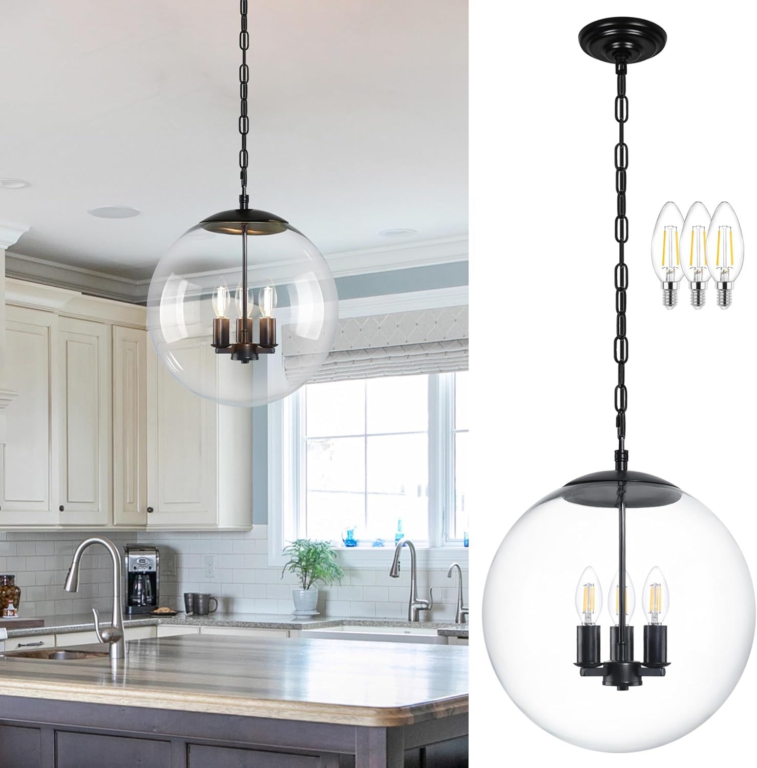 Stunning 13.7 in Black Globe Pendant Light for Modern Spaces