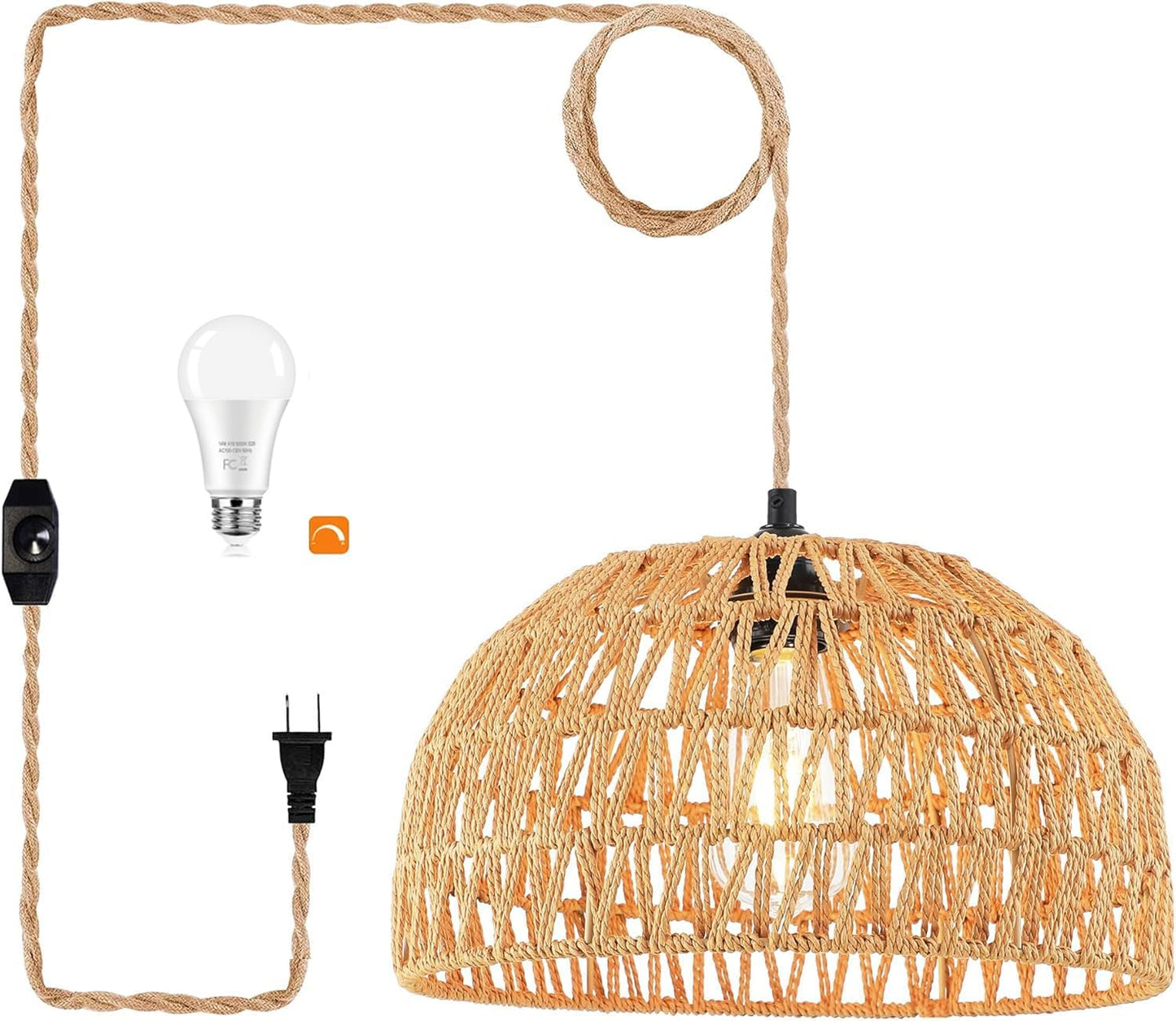 Rattan Plug in Pendant Light with Dimmable Switch for Boho Decor