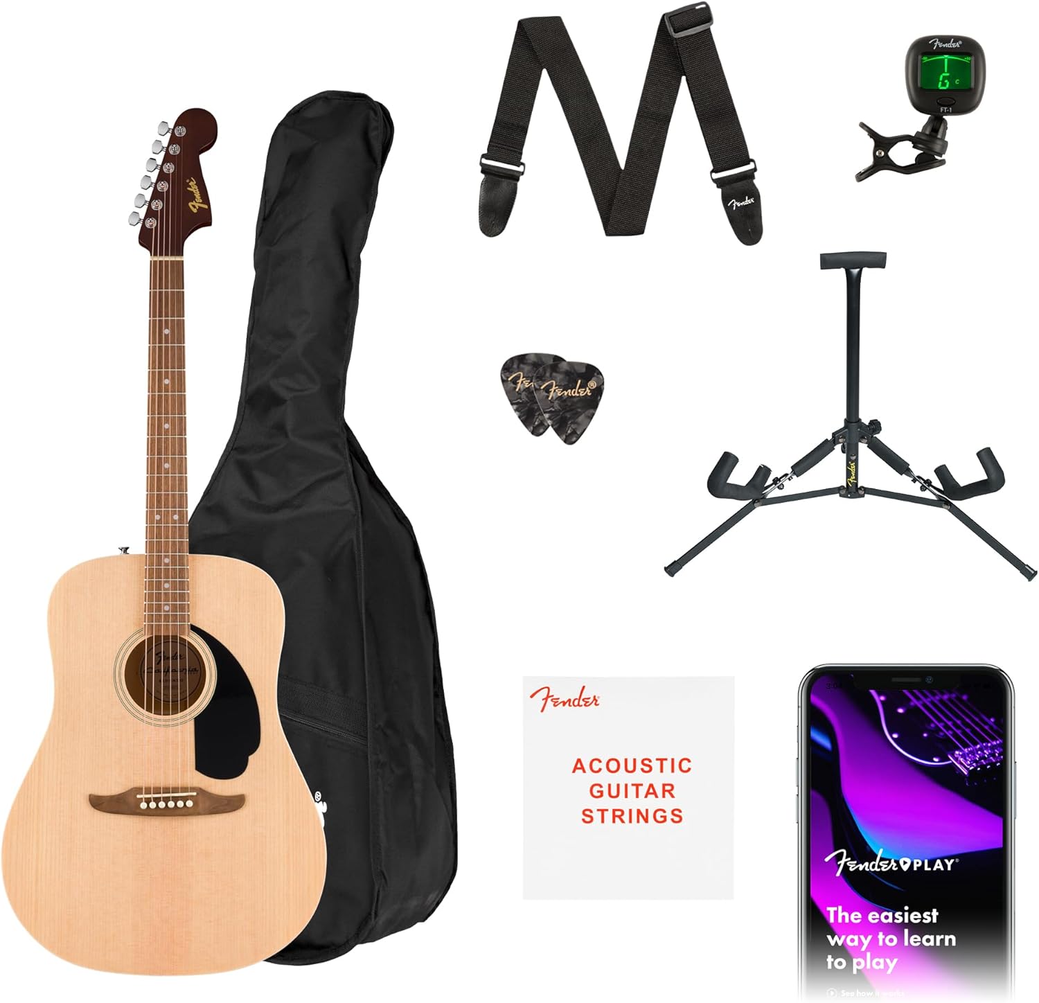 Fender Redondo Acoustic Guitar Pack - Ideal for Beginners, 2-Year Warranty, Natural