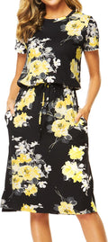 Womens Knee Length Hide Belly Travel Dress - Short Sleeve Midi