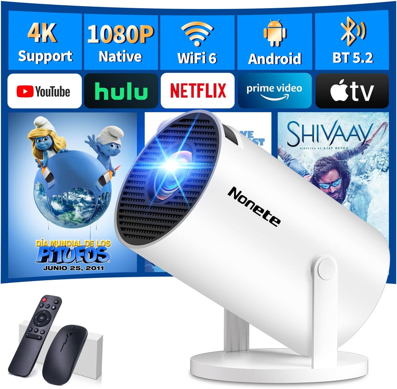 1080P Mini Projector with WiFi 6 and Bluetooth 5.2 for Home Use