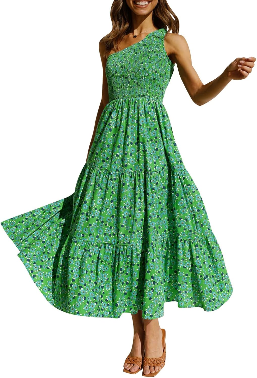 ZESICA Women's Bohemian Floral Print One Shoulder Midi Dress