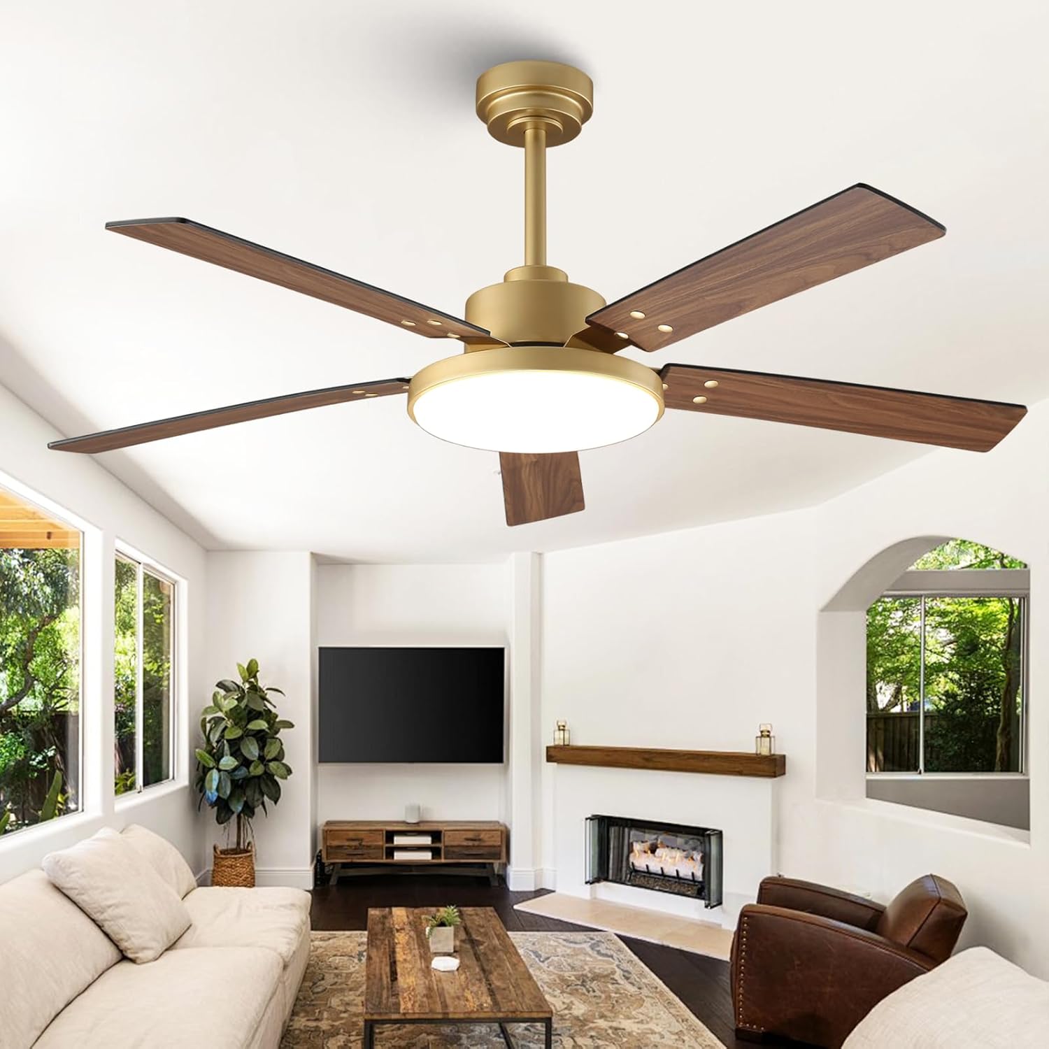 52 Inch Gold Ceiling Fan with Lights and Remote for Modern Spaces