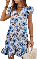 Spring Summer Dresses for Women V Neck Ruffle Hem Smock Short Casual