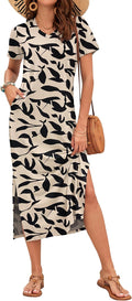 Women Summer Midi Dress Loose Short Sleeve Split Maxi Sundress Women's