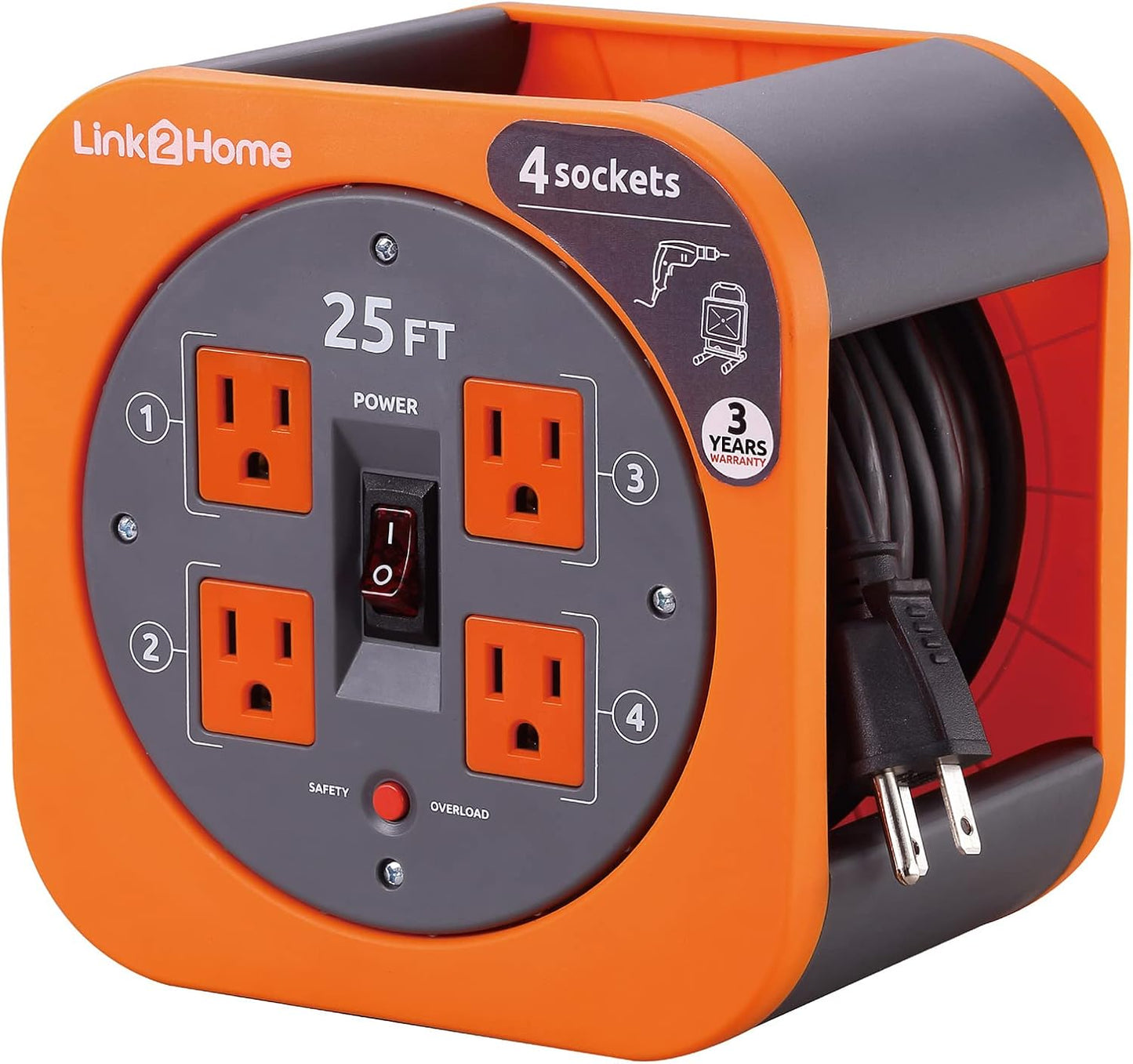 Link2Home Cord Reel 25 ft Extension Cord with 4 Outlets