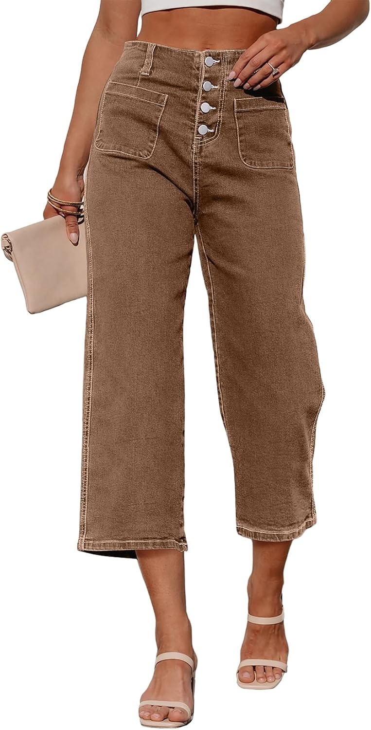 Trendy Wide Leg Jeans for Women - High Waisted Capri Pants