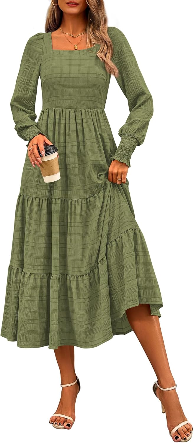 CFLONGE Women's Fall Dresses 2025 Puff Long Sleeve Maxi Dress