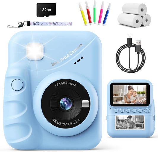 Instant Print Kids Camera: 1080P HD Screen, Toddler Toy, Ages 3-14 (Blue)