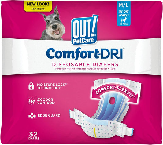 OUT! Disposable Dog Diapers - 32 Pack for Female Dogs, Pet Period Pads & Pee Protector