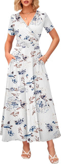 WNEEDU Women's Summer Maxi Dress Wrap V Neck with Pockets - Flattering