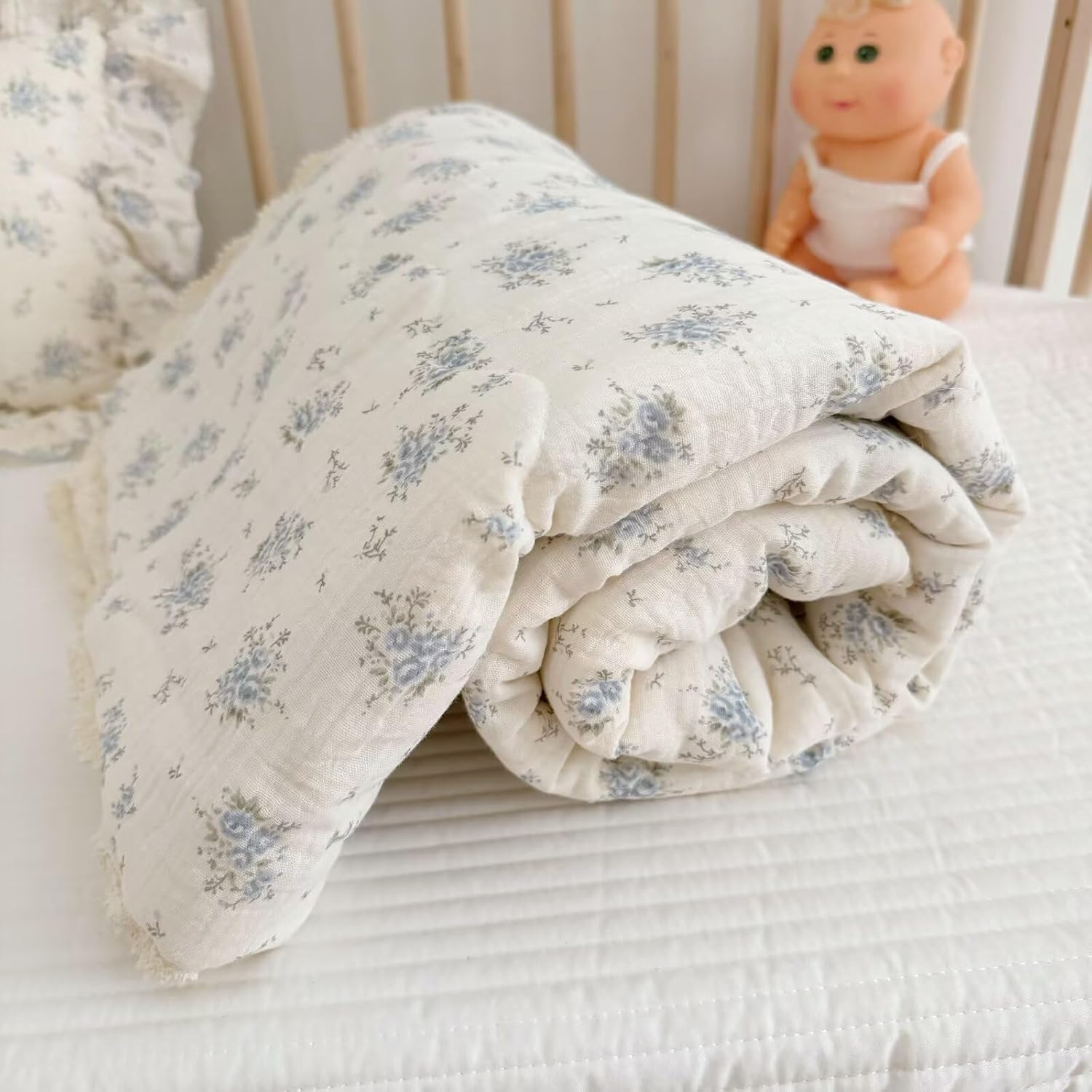 BuLuTu Blue Flower Freesia Toddler Quilt Soft Cotton Blanket