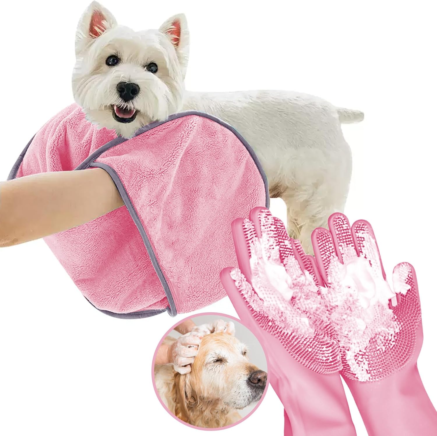 Quick-Drying Pet Grooming Gloves - High-Density Teeth for Massaging & Bathing - 30.3x13.8 Absorbent Towel - Pink