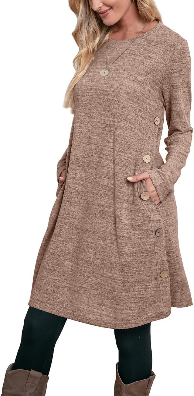 OFEEFAN Long Sleeve Dress for Women with Pockets and Buttons