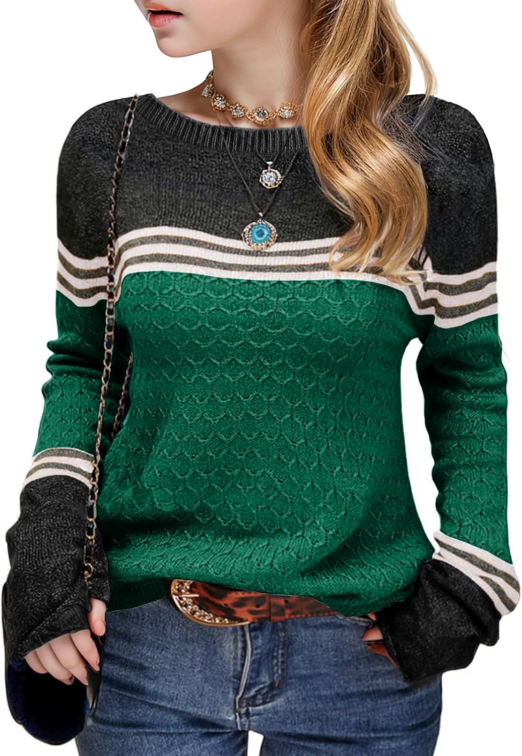 Girls Fall Sweaters Long Sleeve Round Neck Color Block Tops