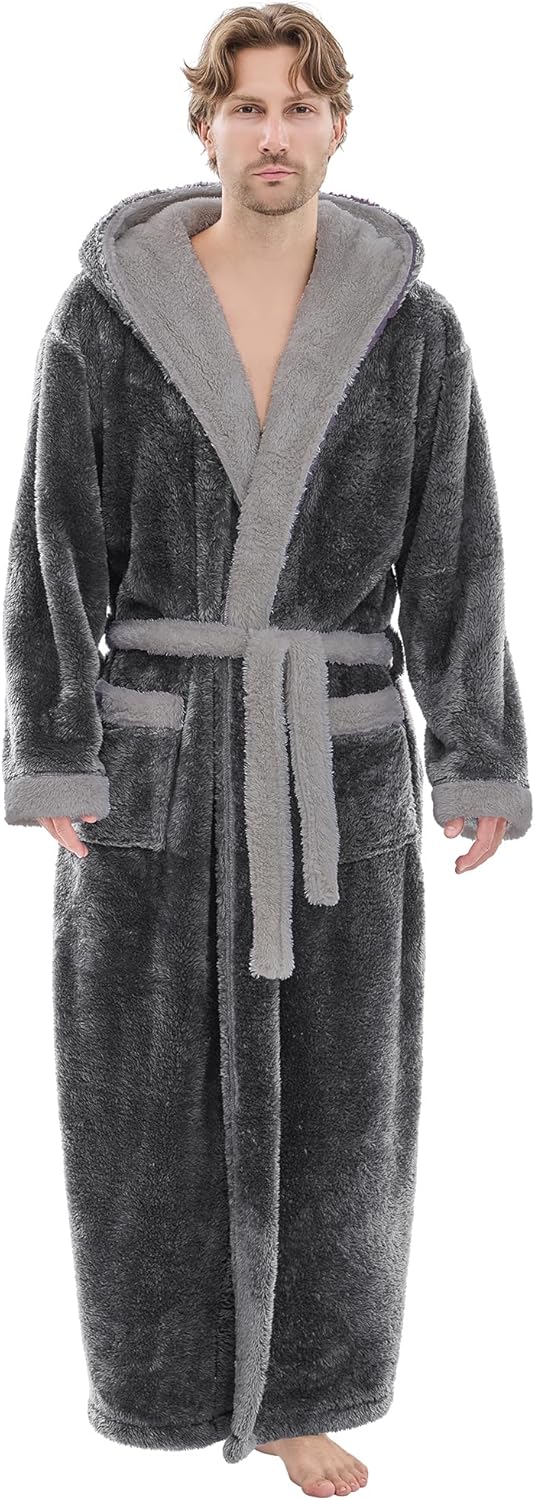 Mens Plush Robes Full Length Hooded Bathrobe for Comfort