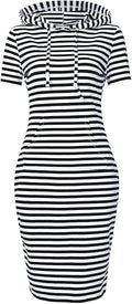 Women's Stripe Pocket Hoodie Dress - Knee Length Slim Pullover