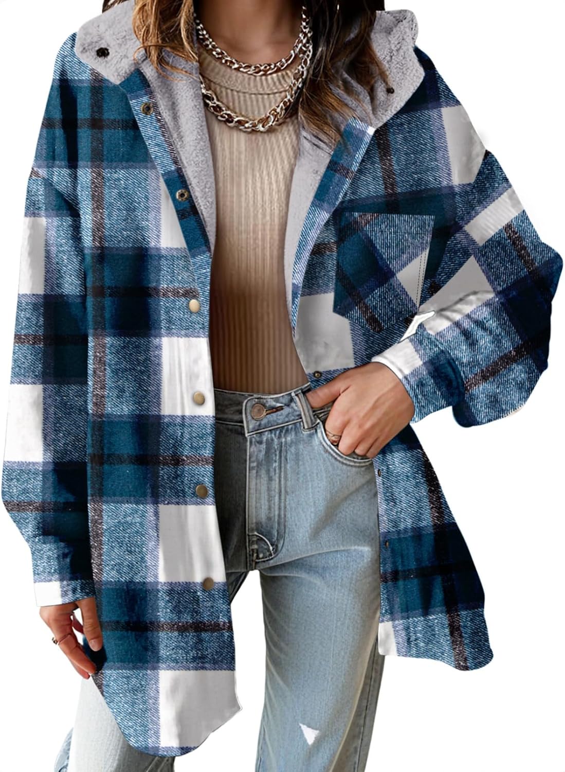 Dokotoo Women's Flannel Hooded Plaid Shacket for Winter Warmth