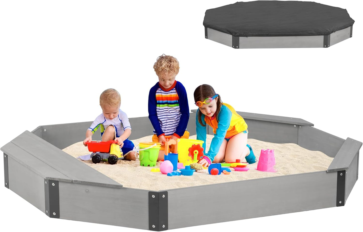 Large Octagon Sandbox for Kids with Storage Box and Cover