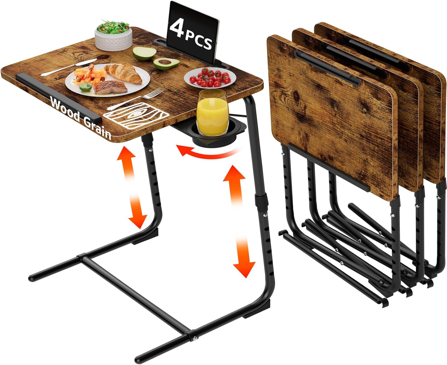 Folding TV Tray Set of 4 - Adjustable Dinner Trays for Couch