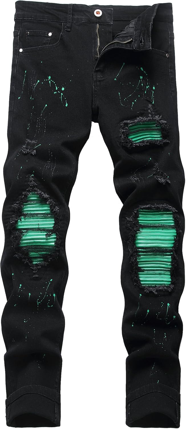 OIIIO Men's Patch Ripped Stretch Regular Fit Jean for Style