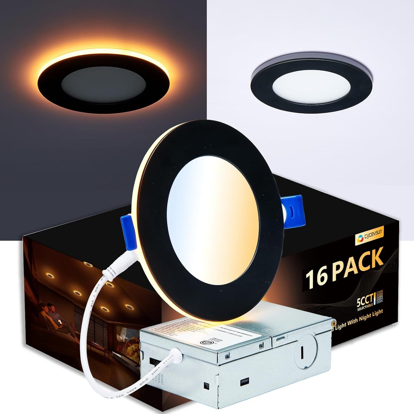 16 Pack Black Recessed Lights 4 Inch with Night Light Options