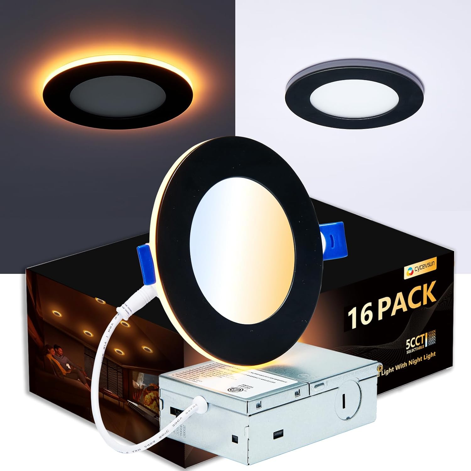 16 Pack Black Recessed Lights 4 Inch with Night Light Options