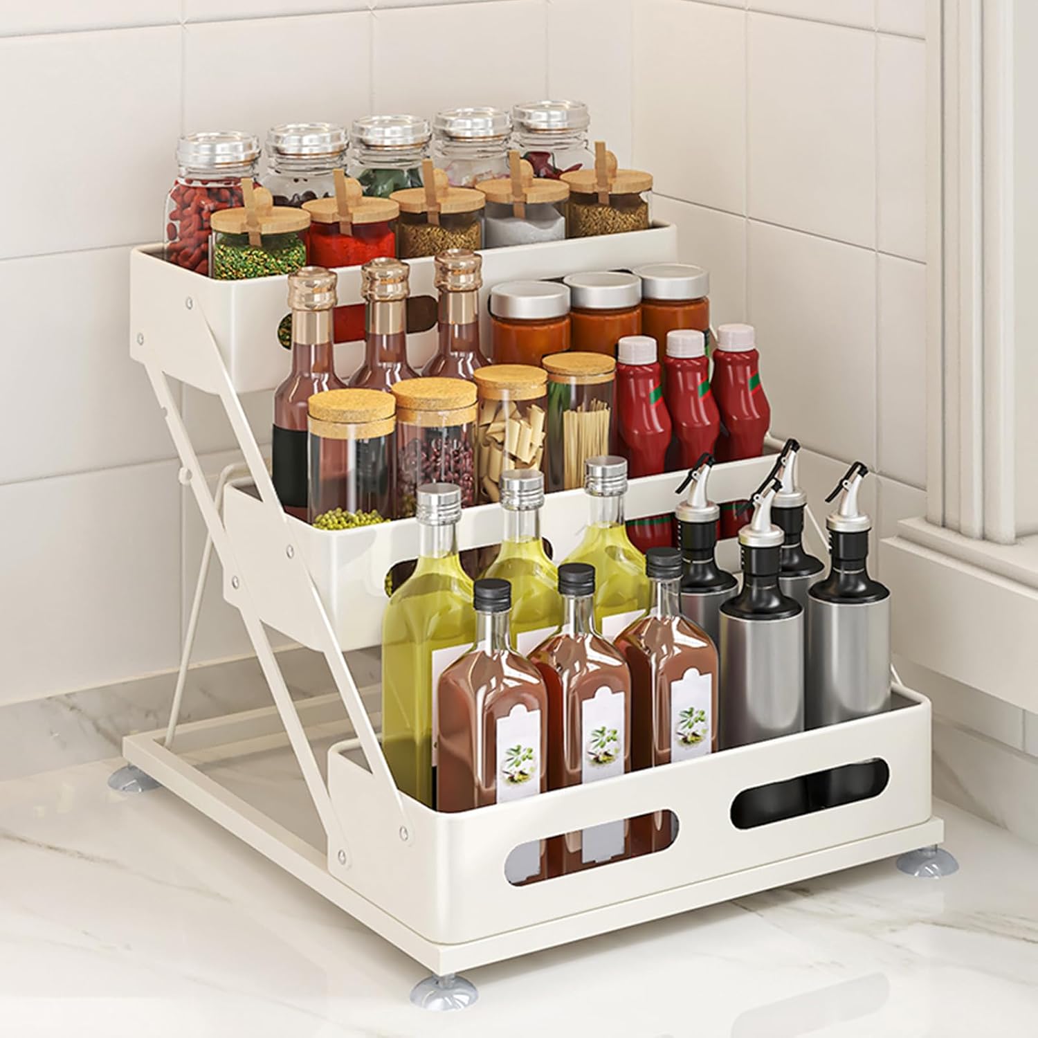 3 Tier Foldable Spice Rack for Countertop - Kitchen Organizer